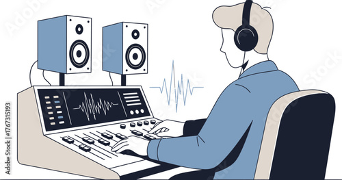 Modern music producer creating vibrant audio with console and headphones in studio