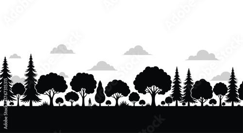 A silhouette of a forest with a diverse array of trees against a sky dotted with soft, gray clouds creates a serene and graphic landscape.