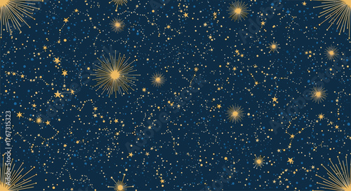 Celestial night sky with stars, constellations, and bursts of light in a dark blue background, resembling a cosmos pattern.
