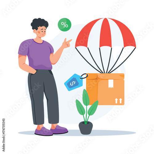 Trendy flat illustration of product package delivered safely via parachute.