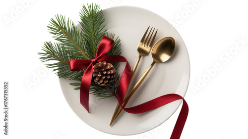 Elegant christmas dinner table setting with a pine cone and festive ribbon on a white plate with gold cutlery isolated on transparent background