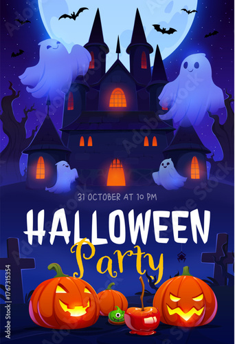 Halloween party vector flyer. Abandoned towering haunted castle with glowing orange windows surrounded by bats and flying ghosts, grinning jack o lantern pumpkins, candy apple and Halloween tombstones