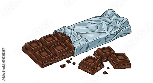 A bar of chocolate, partially unwrapped, with broken pieces, against a white background.