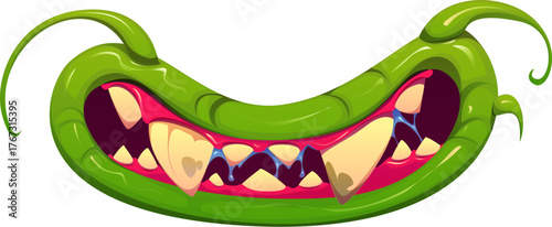 Cartoon Halloween monster jaw mouth with green slimy lips and mustache, crooked yellow sharp fangs and dripping saliva. Vector wide grotesque grin for creepy and funny spooky face for Halloween.