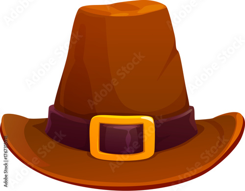 Cartoon pilgrim Thanksgiving hat. Brown felt man autumn cap with brim, leather strap and golden metal buckle. Male fashion costume headdress