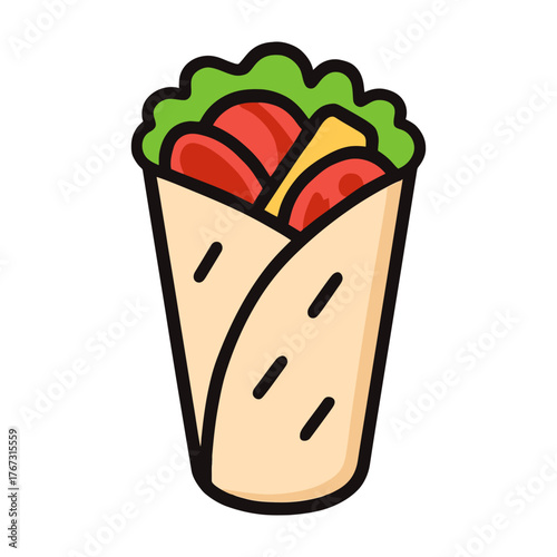 A cartoon drawing of a burrito with lettuce and tomato. The burrito is wrapped in a tortilla and has a slice of cheese on top. Vector.