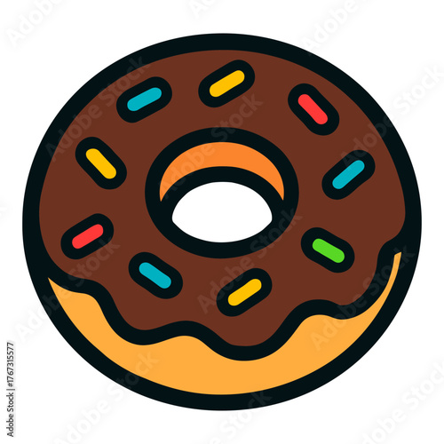 A cartoon donut with sprinkles on it. The donut is brown and has a hole in the middle. Vector.