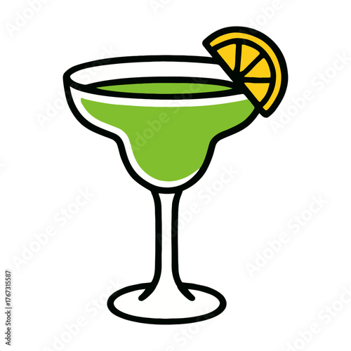 A green martini glass with a slice of lemon on top. The glass is half full and the lemon slice is on the rim of the glass. Vector.