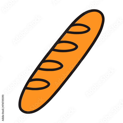 A cartoon drawing of a long orange bread roll. The bread roll is cut in half and has a black outline. Vector.
