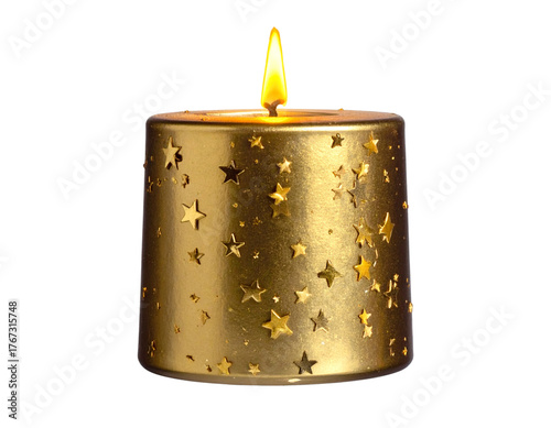Gold Metallic Christmas Candle with Star Decorations, Side Angle, Warm Glow, Transparent Background.