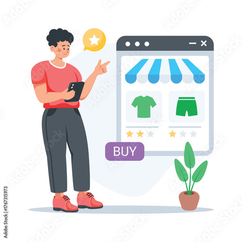 Man purchasing clothes from online e commerce website, concept flat vector