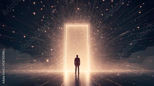 Person Stood Before Portal With Intense Light Future Concept Man Stands Before The Bright Portal To Another Dimension Contemporary Figure Outline Shining Gateway Intense