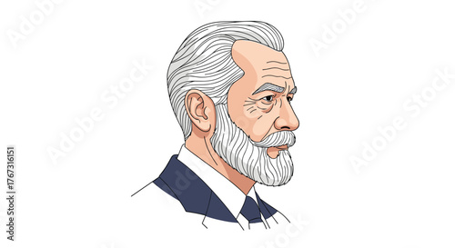 An illustrated profile portrait of a wise and distinguished elderly man with gray hair and a well-groomed beard, looking thoughtfully.