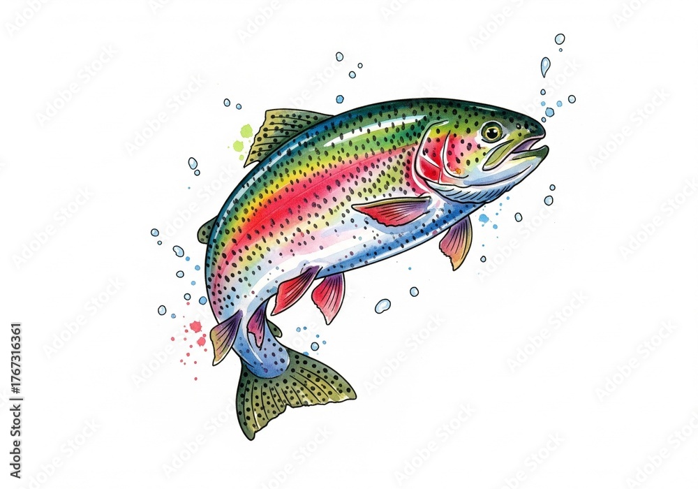 Fototapeta premium Rainbow Trout, Watercolor style digital painting for graphic design decoration, gifts or print design, animals, fish in water, river, sea, lake life
