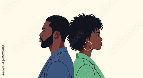 Stylized illustration of a Black man and woman standing back to back, looking in opposite directions, symbolizing relationship conflict or separation.