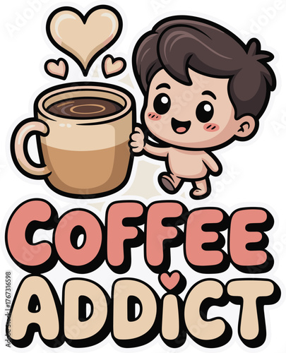 Cute Chibi Boy Character with Coffee Mug and Coffee Addict Text