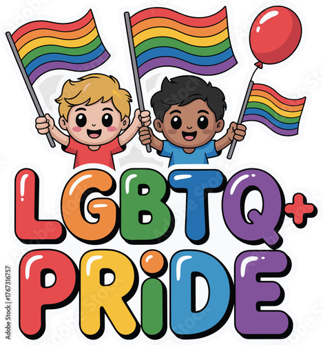 LGBTQ+ Pride Celebration with Diverse Children Holding Rainbow Flags