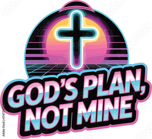 Neon Cross with Bold Text: Vibrant Faith Message in 80s Style Design