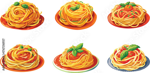 Delicious pasta dishes with different sauces and basil on colorful plates