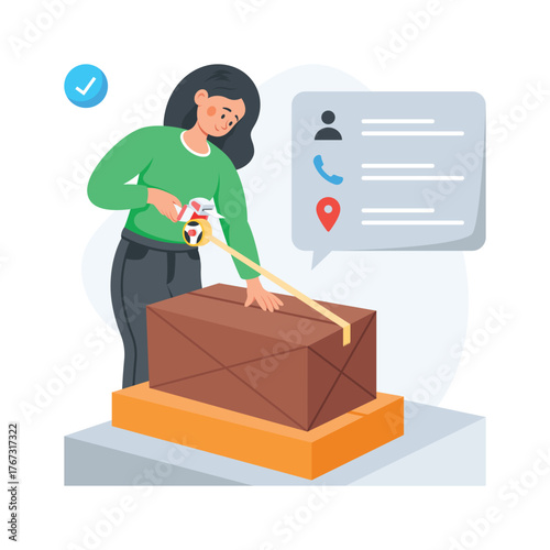 Woman packing a parcel box for online delivery order, concept flat illustration
