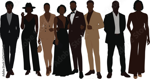 Group of people in formal and semi-formal fashion, stylish clothing diversity illustration, modern attire, flat vector