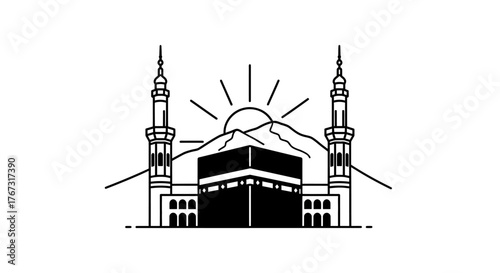 Holy Kaaba and Minarets Vector Illustration: Makkah's Grand Mosque in Bold Line Art Style with Sunrise Background.