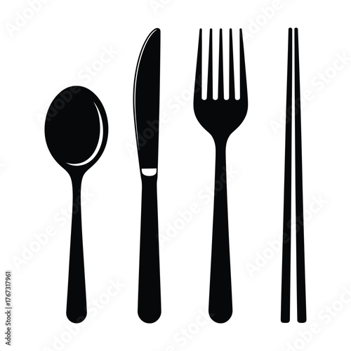 Black silhouette of a spoon knife fork and chopsticks on a white background