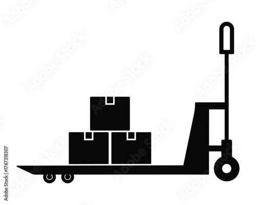Manual hand pallet jack icon, Lift Pallet Truck vector design with load. Silhouette of hand pallet jack symbol for warehouse, logo, app, ui, ux design. Vector illustration.