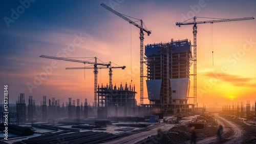 A construction site featuring multiple cranes, partially built buildings, and a vibrant sunset