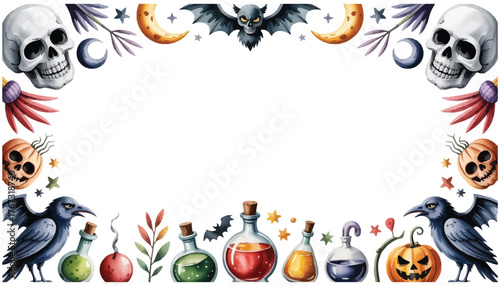 Spooky Halloween Frame Skulls, Potions, and Bats Art
