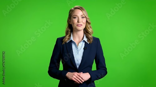 Professional Businesswoman Presenting with Hands Clasped on Green Screen for Chroma Key Background