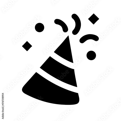 Black and white solid vector icon of a cone-shaped party hat with streamers