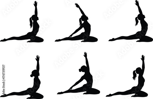 Seated yoga poses, kneeling stretching practice, fitness flexibility balance, meditation exercise routine, healthy lifestyle activity, flat vector