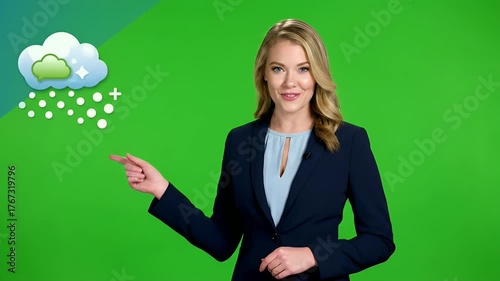 Smiling Female Business Presenter Pointing to Snow Weather Icon on Green Screen for Chroma Key Broadcast
