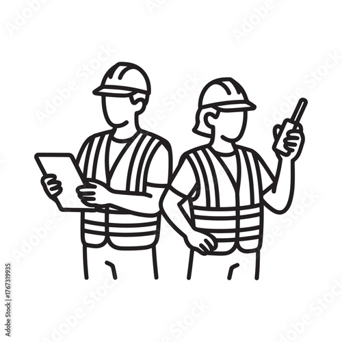 Two construction workers in hard hats and safety vests with tablet and radio