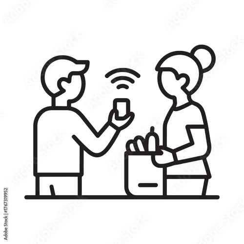 Customer pays for groceries using a mobile phone and contactless payment