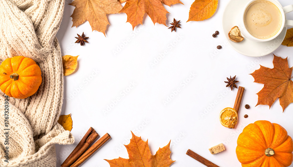 Fototapeta premium Cozy Autumn Flat Lay with Coffee, Pumpkins, and Fall Leaves on White Background