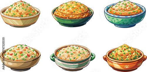 Variety of Cartoon Fried Rice Bowls with Different Garnishes and Designs