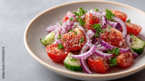 Wallpaper Mural Freshly Prepared Tomato Cucumber Salad with Red Onion and Parsley Sprinkled with Salt and Pepper in a Ceramic Bowl on a Textured Gray Surface Torontodigital.ca