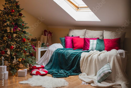 Living room interior. Christmas tree and wreath. New Year celebration. Vacation rentals. Winter holidays and vacations