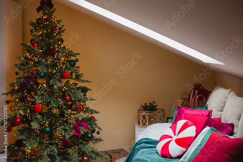 Living room interior. Christmas tree and wreath. New Year celebration. Vacation rentals. Winter holidays and vacations