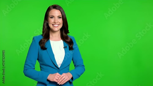 Smiling Professional Woman in Blue Blazer on Green Screen Background, Ready for Chroma Key Compositing and Presentation