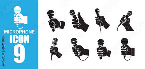 Microphone Hand Icon Set.  Interview and Singing Symbol Collection. Vector Illustration