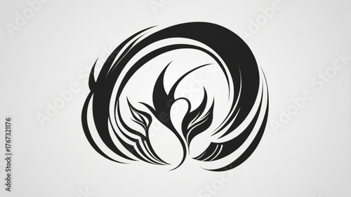 Stylized black vector tattoo illustration of a phoenix and swirl ornament, an abstract tribal symbol art design