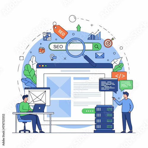 Team of developers working on search engine optimization and website coding.