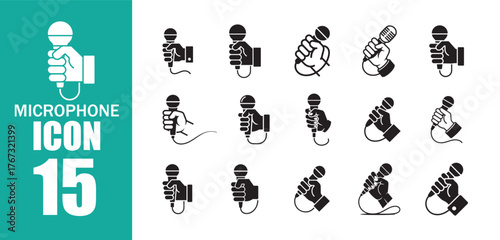 Microphone Hand Icon Set.  Interview and Singing Symbol Collection. Vector Illustration