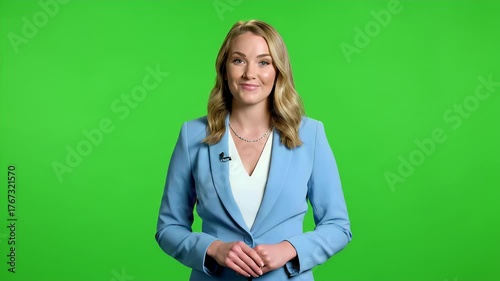 Smiling Professional Woman in Blue Blazer Presenting on Green Screen Studio Background for Chroma Key Content