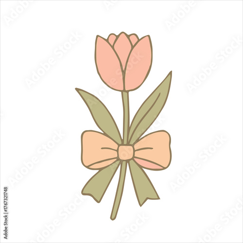 Cute Tulip Flower with Ribbon – Pastel Floral Vector Illustration