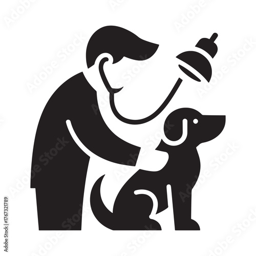 Veterinarian examining a dog with a stethoscope and light