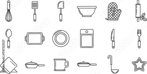 Assorted kitchen utensils and tools line icon set